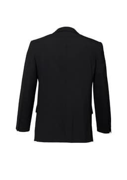 A black wool stretch blazer jacket featuring a two-button design and classic silhouette. The back has a clean finish.