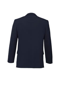 A navy blue men's comfort wool stretch jacket with a two-button design, showing the back view.