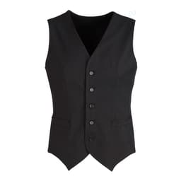 A black men's peaked vest featuring a knitted back, with five buttons and two front pockets.