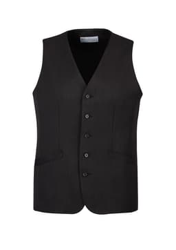 A black longline vest featuring a button front and side pockets, designed for men. It has a simple, sleek look.