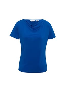 A blue women's top featuring a draped neckline and short sleeves, with a logo on the label.