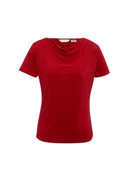 A red women's top with a draped neckline and short sleeves, featuring a logo on the label.