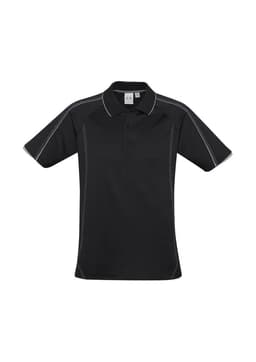 A black men's short sleeve polo shirt with contrasting stitching and a logo.