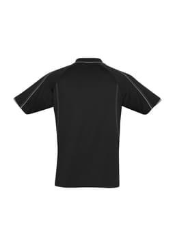 A black men's short sleeve polo shirt featuring a logo and contrasting stitching on the shoulders.