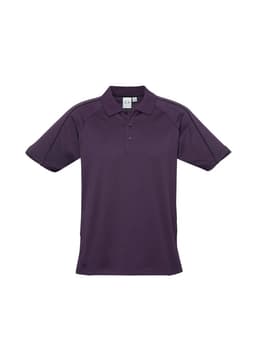 A purple short sleeve polo shirt featuring a collar and a logo.