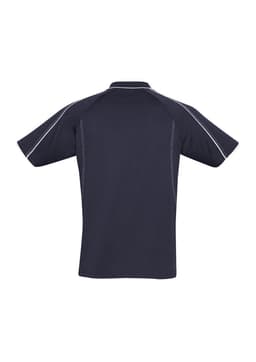 A navy blue short sleeve polo shirt featuring contrasting stitching and a logo on the chest.