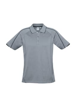 A grey men's short sleeve polo shirt with contrast piping and a logo.