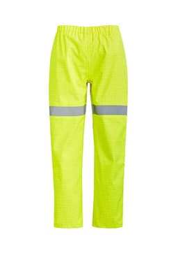 Bright yellow waterproof pants featuring reflective strips for visibility, designed for workwear applications.