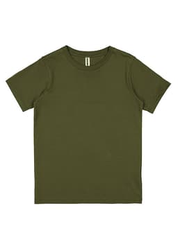 A green short sleeve T-shirt with a crew neck and no visible designs or patterns. It features a branding label.
