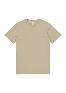 A beige short sleeve t-shirt with a simple design and a label in the neck area.