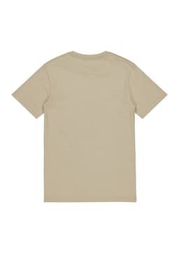 A beige short sleeve tee with a plain back, featuring a logo on the neckline.