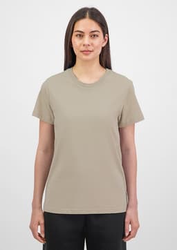 A women's short sleeve tee in a muted beige colour, featuring a simple design and a logo on the front.