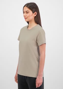 A beige short sleeve women's t-shirt with a round neckline, featuring a logo on the front.