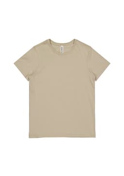 A beige women's short sleeve t-shirt featuring a simple design and a logo on the label.