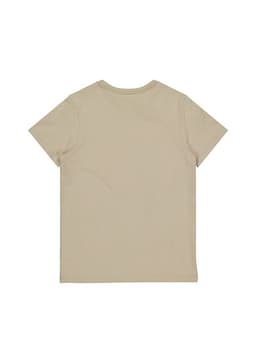 A beige women's short sleeve t-shirt featuring a plain back design. It has a simple structure and includes a branding logo.