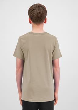 A short sleeve tee in a light khaki colour, viewed from the back, with a simple design and no visible branding.