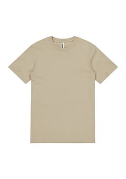 A beige short sleeve t-shirt with a round neckline and a label inside the collar. It features a logo.