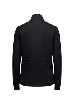 A women's tailored jacket in black, featuring a simple design and long sleeves, viewed from the back.