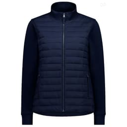 A women's tailor jacket in navy, featuring a zip front and padded body with long sleeves. It has a logo on the zipper.