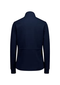 A women's tailored jacket in navy blue, featuring a collar and long sleeves, with a plain back design.