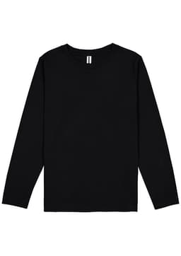 A black long sleeve tee with a round neckline and soft fabric. It features an interior label and has no visible logos.