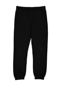 Black track pants featuring an elastic waistband and drawstring, with two side pockets. Includes a logo detailing.