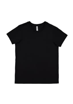 A black short sleeve women's t-shirt with a simple design and branding label.