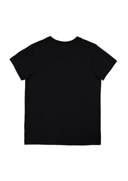 A black short sleeve women's t-shirt with a plain back and a logo on the neckline.