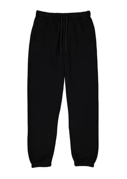 Women’s track pants in black featuring an elastic waistband and cuffs, with a drawstring and branding.