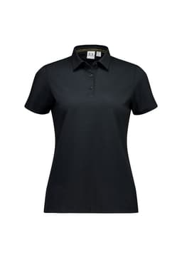 A black short sleeve women's polo shirt featuring a collar and three-button placket, with a brand logo.