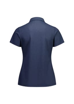 A women's short sleeve polo in navy blue with a classic collar and a logo on the back.