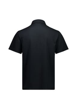 A black short sleeve polo shirt featuring a collar and a plain design. It includes a logo on the front.