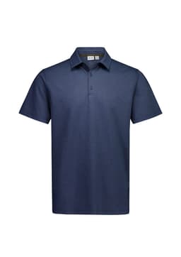 A navy short sleeve polo shirt with a collar and three buttons, featuring a logo on the chest area.