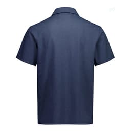 A navy short sleeve polo shirt with a collar, featuring a logo on the back.