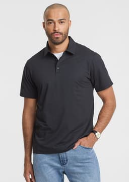 A black short sleeve polo shirt worn by a man, featuring a collar and a subtle logo.