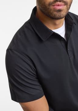 A black short sleeve polo shirt for men with a classic collar and a logo.