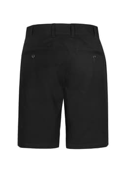 Black dress shorts featuring double back pockets and a smooth finish, with a subtle logo on the waistband.
