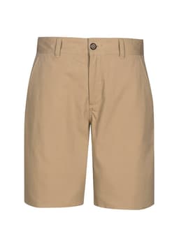 A pair of khaki dress shorts with a button closure and a branded logo on the waistband.