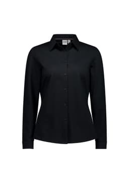 A black long sleeve button-up shirt for women featuring a collar and a logo.