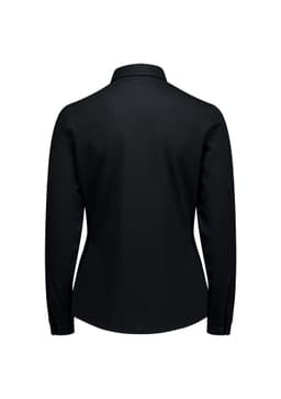 A black women's long sleeve button-up shirt featuring a sleek design and a back view. It has a logo branding.