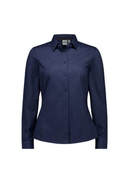 A women's long sleeve button-up shirt in navy blue with a fitted design and a logo on the chest.