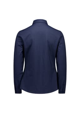 A women's long sleeve button-up shirt in navy blue with a back view and a logo on the collar.
