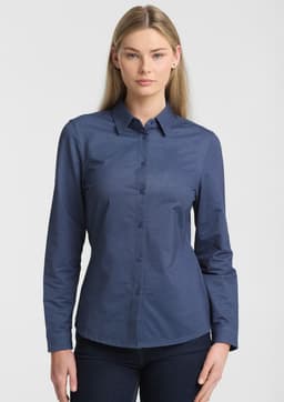 A long-sleeve women's shirt in navy blue featuring a collared neckline and button-up front, with a logo present.