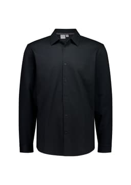 A black long sleeve button-up shirt with a collar and a single logo on the chest.
