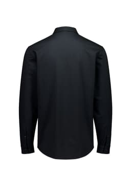 A black long-sleeve button-up shirt with a collar and cuffs, featuring a subtle logo.