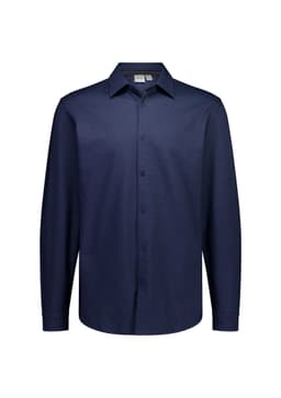 A navy button-up long sleeve shirt featuring a collar and a logo on the inside label.
