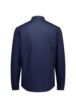 A navy long sleeve button-up shirt with a classic collar and button cuffs, featuring a logo on the back.