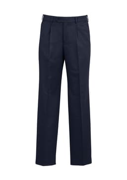 A pair of men's classic pleat pants in dark grey, featuring a tailored fit and a logo on the waistband.