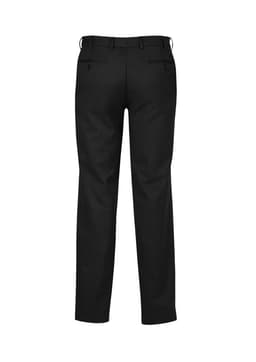 Classic flat-front black slacks with a waistband and two back pockets. Features a subtle logo.