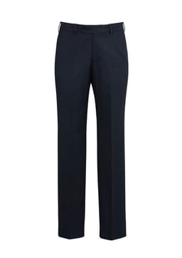 Classic flat pants in dark navy blue, featuring a sleek design and a logo. Suitable for formal and casual settings.